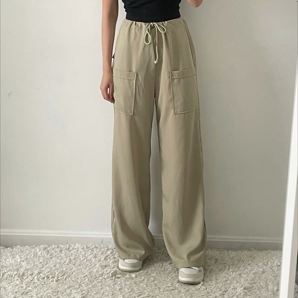 Cider Pants - Green drawstring cargo wide leg pants